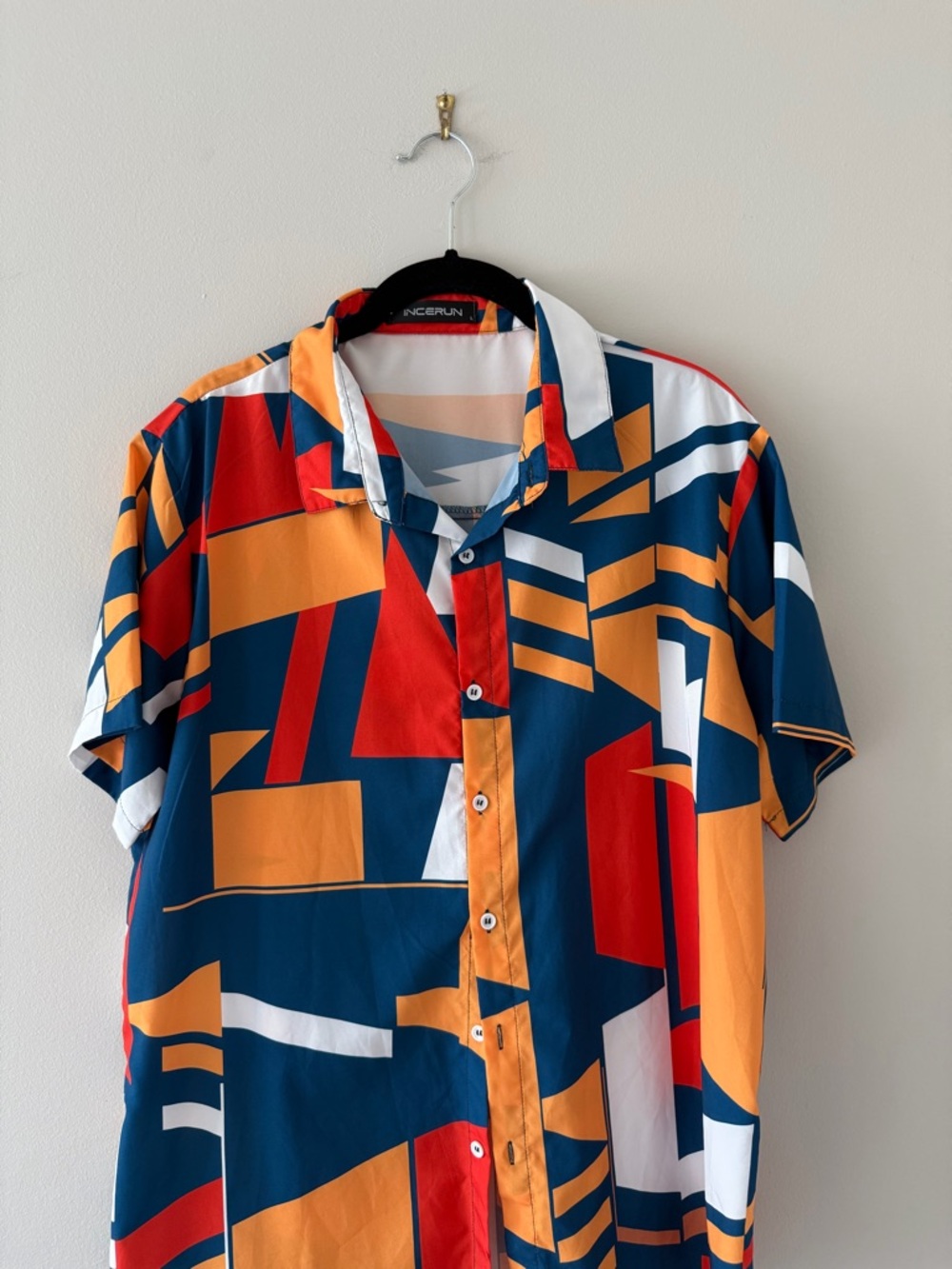 Men's Casual Geometric Button-Down Shirt - Navy/Red/Orange/White